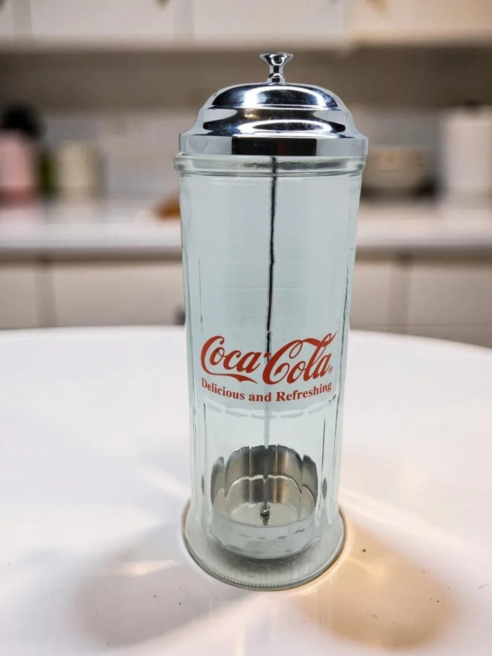 Vintage 1992 Coca-Cola Glass,Metal Lid Straw Dispenser Jar